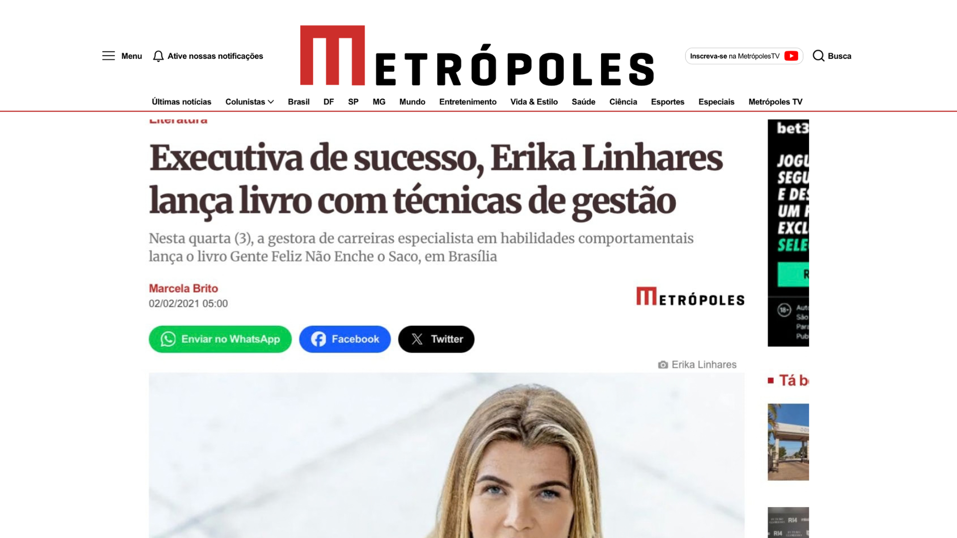 Metrópoles — Executiva de sucesso Erika Linhares lança livro com técnicas de gestão